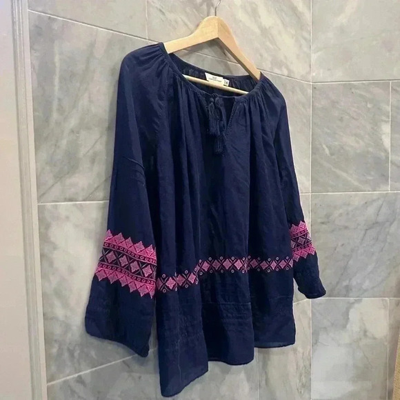 Vineyard Vines Navy Blue with Pink Detail Cotton Silk Blend Blouse, Size Medium - Picture 3 of 9